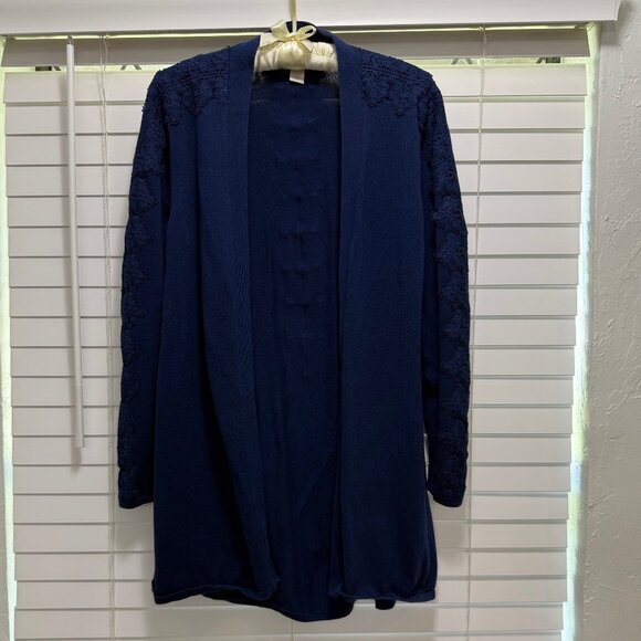 Chico's Women's Navy blue long sleeve open front cardigan with lace trim; size 2 - Picture 1 of 8
